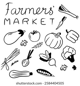 Farmer's Market: Farmer, Artichoke, Zucchini, Pepper, Pea, Beet, Onion, Artichoke, Greens, Tomato, Carrot, Pumpkin, Pepper. Logo or Print for Farmer's Shop, Market, Farm