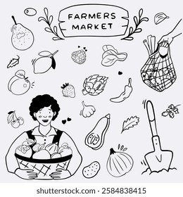 Farmer's Market: farmer, fruits and vegetables set, shopping bag with groceries, watermelon, plum, pear, berries, carrot, pepper, pumpkin, beetroot, garlic, tomato, garlic, greens, peas. Logo or print