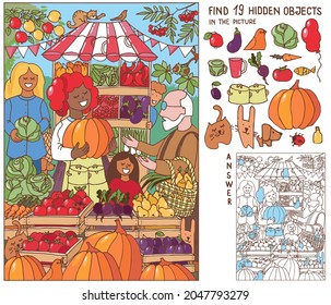 Farmers market. Find hidden objects in picture. Farmer selling organic fruits, vegetables. Fresh food. Street marketplace stall, people in local street fair. Puzzle game for kids, adult. Sketch vector