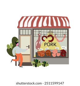 Farmers market flat background. City shopping building illustrations set. Cute bakery shop with flat characters, vegetable shop and butcher shop. Natural farm food