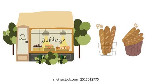 Farmers market flat background. Natural farm food. City shopping building illustrations set. Cute bakery shop with berry pie, cupcakes, sandwiches and baguettes in a wicker basket