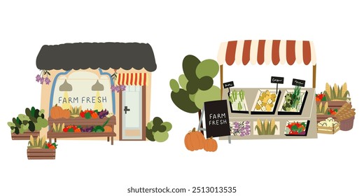 Farmers market flat background. Natural farm food. City shopping building illustrations set. Vector cartoon vegetable shop and wooden marketplace tents with natural farm produce