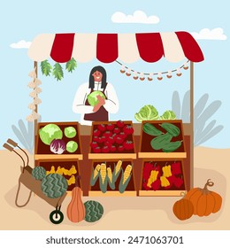 Farmers market flat background with sellers offering products of their own production vector illustration