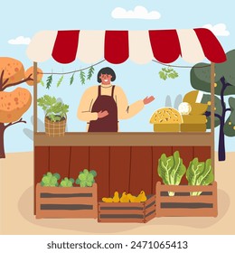 Fondo plano del mercado de los agricultores con los vendedores que ofrecen productos de su propia Ilustración vectorial de producción