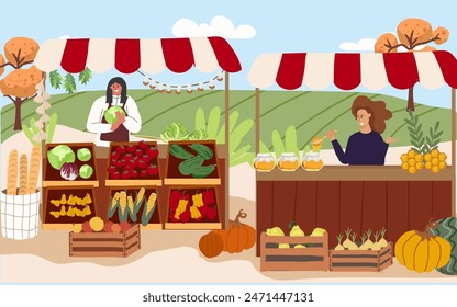 Farmers market flat background with sellers offering products of their own production vector illustration