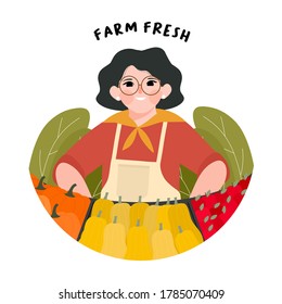 Farmer's Market flat design vector illustration. Support local farmers concept. Eat Local organic production. farmer standing at counter of greengrocer's shop or marketplace selling fruits vegetables