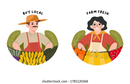 Farmer's Market flat design vector illustration. Set farmers standing at counter of greengrocer's shop or marketplace selling autumn fruits and vegetables. Support local farmers concept