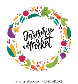 Farmers Market flat vector banner template. Decorative vegetables doodle sketch with hand lettering. Celebrating harvest gathering fest, festival poster, postcard design element