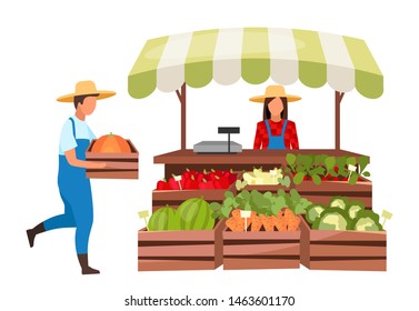 Farmers market flat vector illustration. Eco products, organic produce local store. Market stall with vegetables in wooden crates. Rural summer outdoor shop with cartoon seller. Village farm & grocery