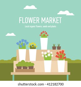 Farmers market flower market stand vector illustration