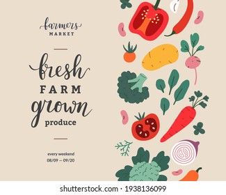 Farmers Market Flyer Design, Vector Template For Food Fair With Lettering And Vegetable Illustrations, Banner With Copy Space, Modern Simple Design, Announcement Leaflet