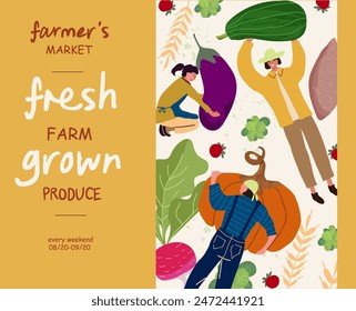 Farmers market flyer design, vector template for food fair with lettering and vegetable, fruits, berries illustrations, banner with copy space, modern simple design, announcement leaflet