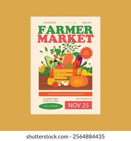 Farmers market flyer design, vector template for food fair with lettering and vegetable illustrations, banner with copy space, modern simple design, announcement leaflet