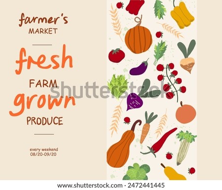 Farmers market flyer design, vector template for food fair with lettering and vegetable, fruits, berries illustrations, banner with copy space, modern simple design, announcement leaflet