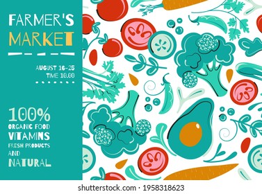 Farmers Market Flyer or Poster Template. Organic food seasonal sales program layout. Flat Vector Illustration.