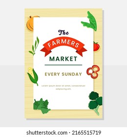 The Farmers Market Flyer, Template Design With Vegan Food Decorated On White And Light Yellow Background.