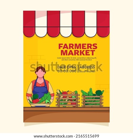 Farmer's Market Flyer Or Template Design With Grocery Female Worker Standing At Store Or Shop. ストックフォト © 