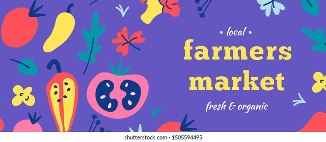 Farmers market flyer or web banner layout with hand drawn colorful vector illustrations with vegetables. Graphic design template for local organic food fair event. Bright color leaflet. 