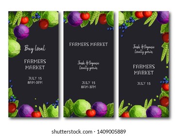 Farmers market flyers, brochure template with bright fresh cabbage, peas, tomato, apples, and blueberries and text on dark blue background. Cartoon style vector illustration. 