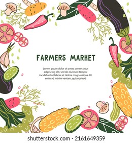 Farmers Market And Food Fair, Harvest Festival Square Banner Or Poster. Farm Organic Production Sale Posters For Social Media And Printing, Hand Drawn Vector Illustration.