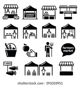 Farmers Market, Food Market With Fresh Local Produce Icons Set