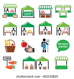 Farmers Market, Food Market With Fresh Local Produce Icons Set 