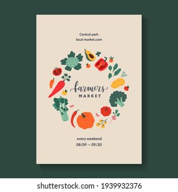 Plantilla de póster de marco de mercado para agricultores, pancarta vectorial con espacio de copia, diseño con ilustraciones de verduras, banner con feria de comida local, feria de cosecha estacional