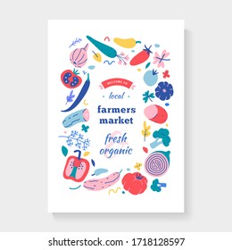 Farmers market frame, vector border with various vegetables, layout template for food fair poster, fresh organic homegrown produce, vertical banner with colorful handdrawn illustrations