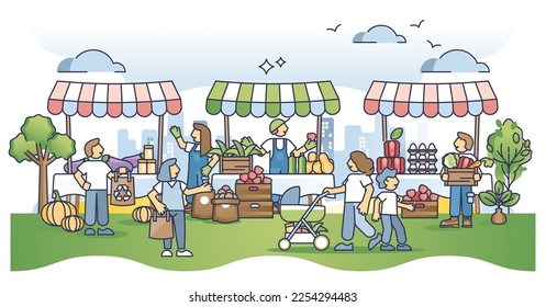 Mercado de agricultores y compras de comestibles frescos del concepto de esquema del bazar. Compra directa de productos a campesinos como ejemplo vectorial de estilo de vida moderno, sostenible y respetuoso con la naturaleza. Coma comida local.