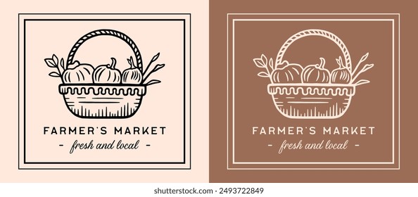 Farmer's market fresh and local food vegetables basket illustration rectangular label tag sticker sign card invitation design. Vintage retro dark academia aesthetic print poster vector cut file.