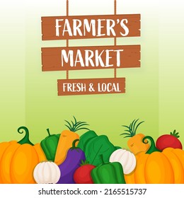Farmer's Market Fresh And Local Text With Veggies Food On Green Background.