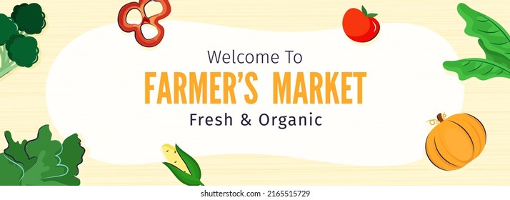 Farmer's Market Fresh  Organic Banner Or Header Design With Vegan Food On White And Yellow Background.