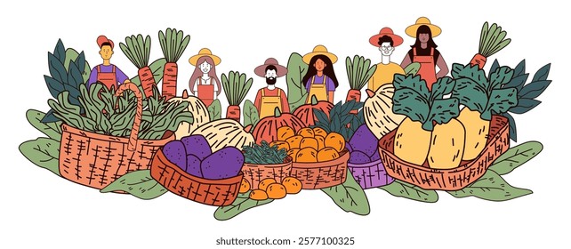 Farmers market fresh produce baskets vegetables colorful people in hats standing behind baskets filled with diverse vegetables and fruits web design template