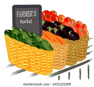 Farmer's market ,fresh vegetables in a basket. Organic food. Vector