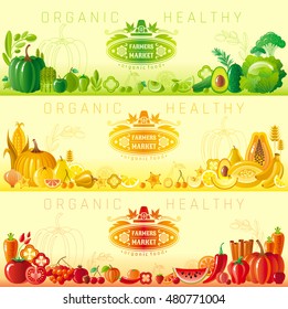 Farmers market fruit and vegetable banner set with food icons, text lettering logo pilgrim hat, thanksgiving symbol. Fruits - apple, banana,orange, lemon. Vegetables - pumpkin, avocado, tomato, spices
