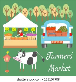 Farmers' Market with Fruits and Vegetables Stands and Cow