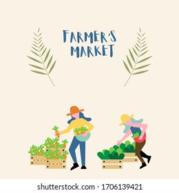 Farmer's market, Girls buying vegetables at farmer's market vector illustration 