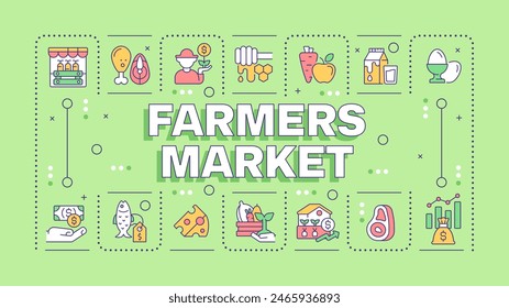 Farmers market green word concept. Fresh produce. Local food. Farm to table products. Typography banner. Vector illustration with title text, editable icons color. Hubot Sans font used