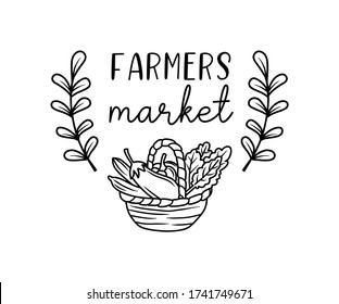 Farmers market hand drawn doodles badges, logo, icon, label. Vector brush lettering typography - farmers market on a white background. Farm market natural organic product brand sign symbol.