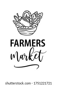 Farmers market hand drawn doodles badges, logo, icon, label. Vector brush lettering typography - farmers market on a white background. Farm market natural organic product brand sign symbol.