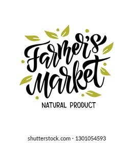 Farmer's market - hand drawn lettering with leaf. Modern brush logo. Unique typography design for advertising, poster, flyer, invitation, banner. Vector illistration isolated on white background.