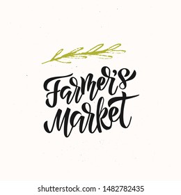 Farmers market - hand drawn lettering. Modern brush logo. Unique typography design for advertising, poster, flyer, invitation, banner. Vector illistration on beige textured background