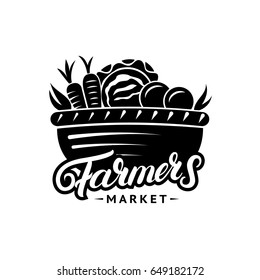 Farmers Market hand written lettering logo, label, badge, emblem. Vintage retro style. Isolated on background. Vector illustration.