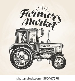 Farmer's market. Hand-drawn farmer rides on agricultural tractor, sketch. Farm, agriculture vector illustration