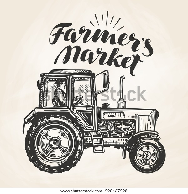 Farmer\'s market.\
Hand-drawn farmer rides on agricultural tractor, sketch. Farm,\
agriculture vector\
illustration