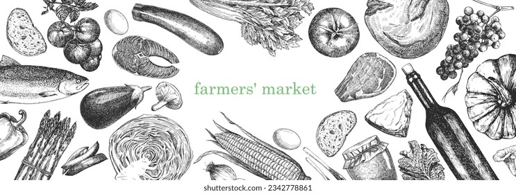 Farmers' Market. Hand-drawn illustration of Food. Ink. Vector