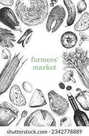 Farmers' Market. Hand-drawn illustration of Food. Ink. Vector