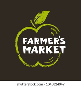 Farmer`s Market- Handdrawn Label. Vector Illustration In Rough Style. Green Apple With Leaf. Vector Handdrawn Illustration. Good For Print, Posters, Commercial, Flayers, Banners. Handmade Font.