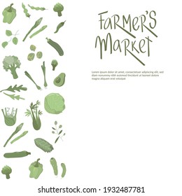 Farmers market handwritten sign with flat green vegetable set in boho colors. Vector stock illustration isolated on white background for packaging design, price list.