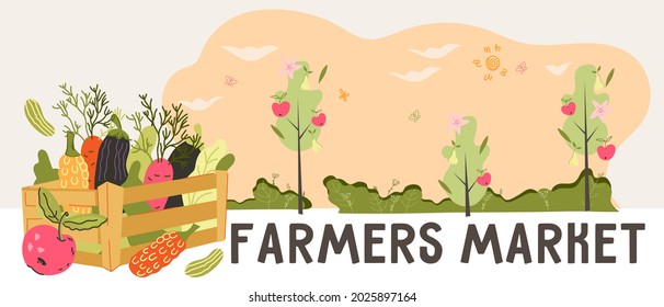 Farmers market and harvest festival banner or flyer template with box full of vegetables. Eco farm and fresh vegetables delivery, vegan food shop advertisement, flat cartoon vector illustration.